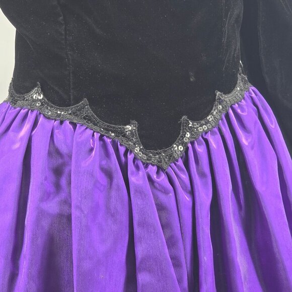 Jessica McClintock Gunne Sax Black Velvet & Purple Satin Long Sleeve Dress, Size - Picture 4 of 8